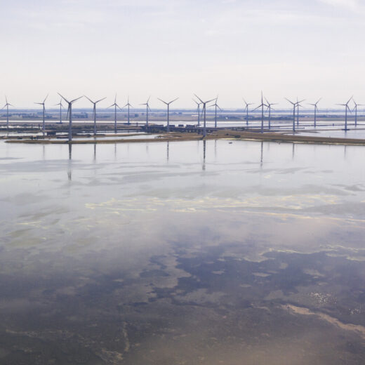 Landschap met een groot wateroppervlak op de voorgrond en een rij windturbines op de achtergrond langs de horizon.
